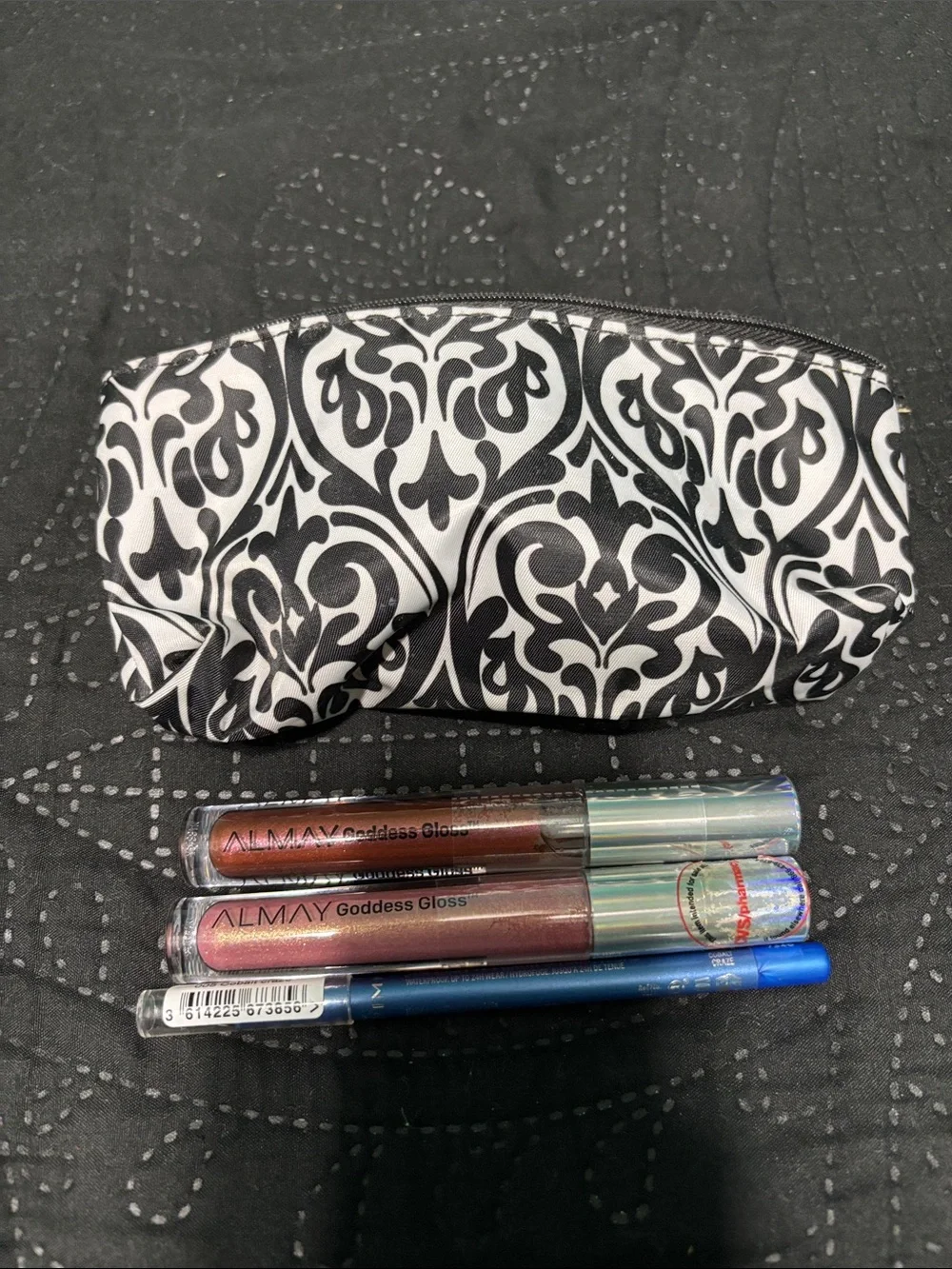 Almay Metallic Lip Gloss Duo with Rimmel Blue Eye Pencil and Patterned Pouch